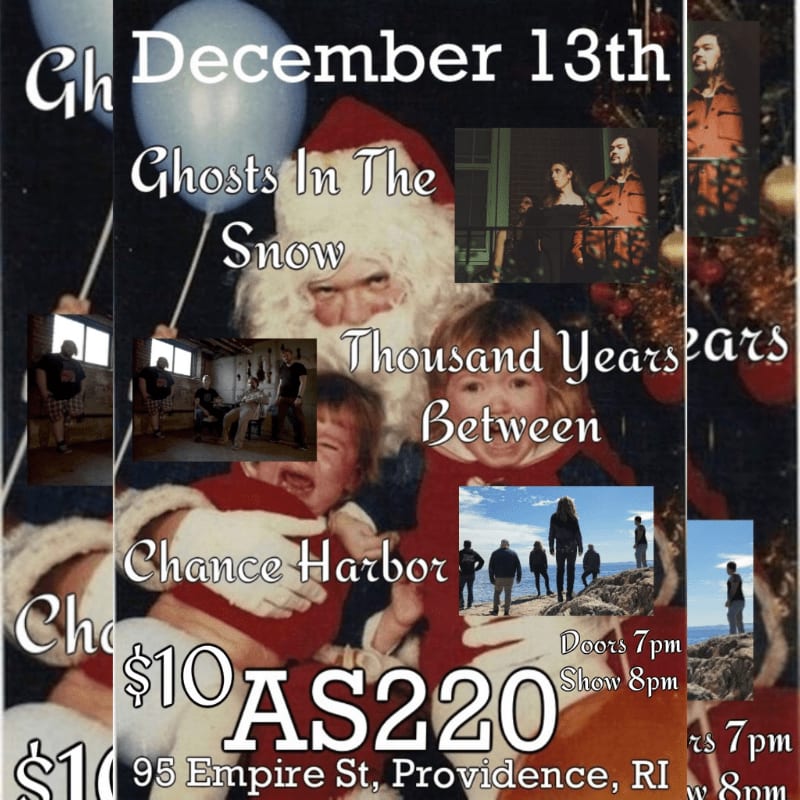 A promotional concert flyer featuring text and band photos overlaid on a background of Santa Claus holding a crying child and a blue balloon.
