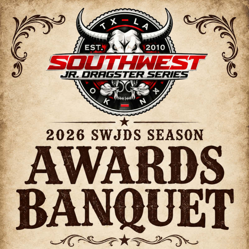 Bold text announcing the "2026 SWJDS Season Awards Banquet" and a racing logo sit atop a textured, parchment-style background with decorative flourishes.
