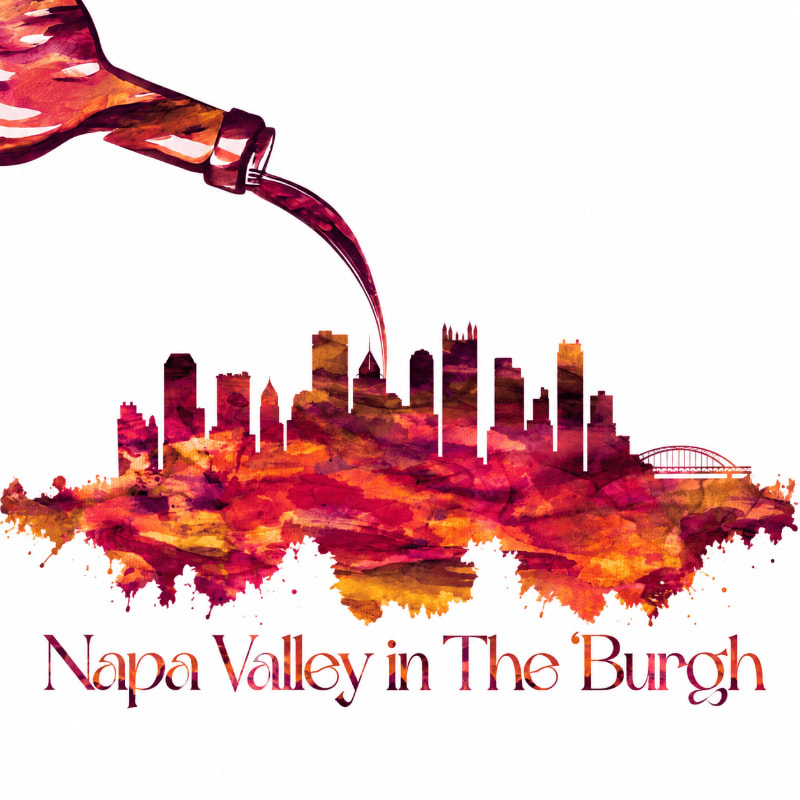 A wine bottle pours red liquid over a watercolor skyline of Pittsburgh against a plain white background.