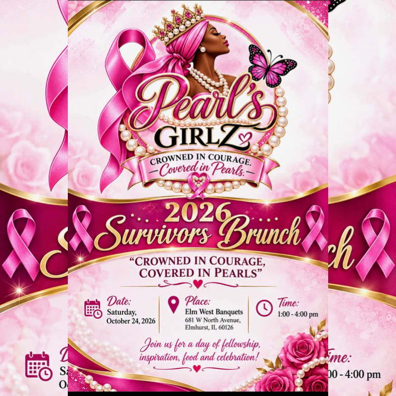 A promotional flyer for "Pearl's Girlz 2026 Survivors Brunch" features a crowned woman and pink ribbons in the foreground against a soft pink floral background.