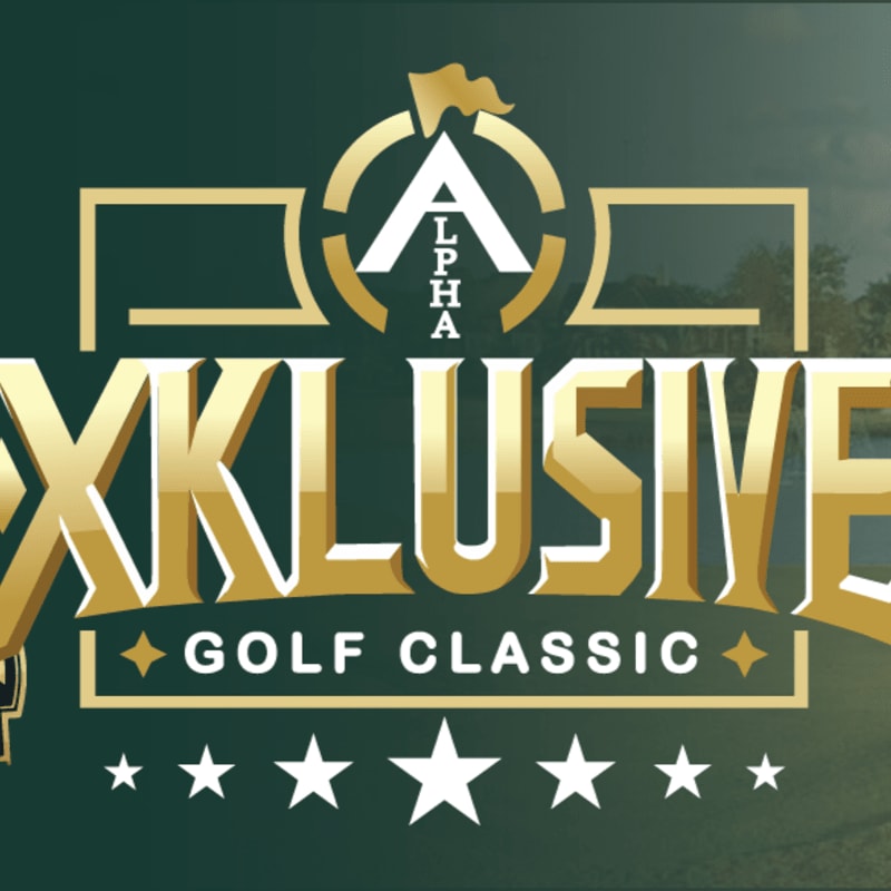 Gold and white text reading "EXCLUSIVE GOLF CLASSIC" with a logo sits against a dark green, blurred outdoor background.