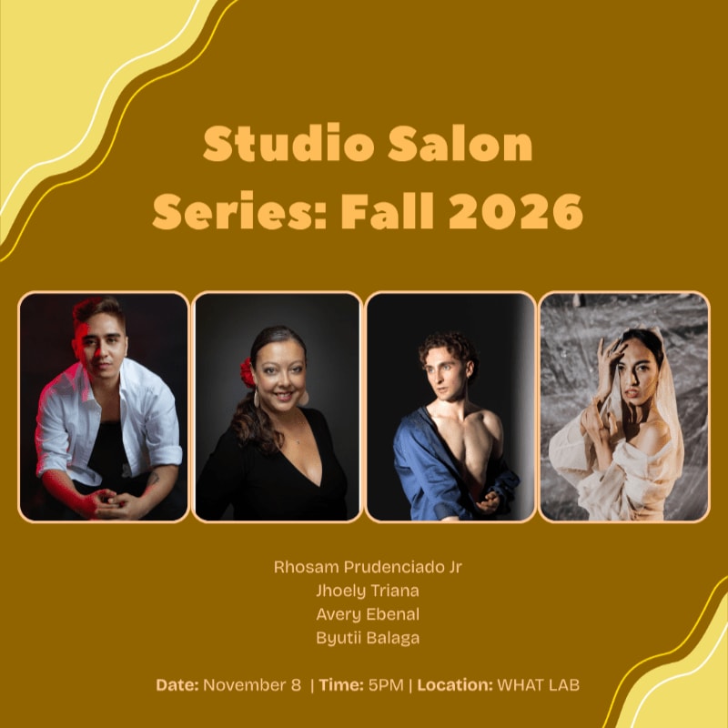 Four portrait photos of individuals are centered against a mustard-yellow background featuring event text and a yellow wavy border.