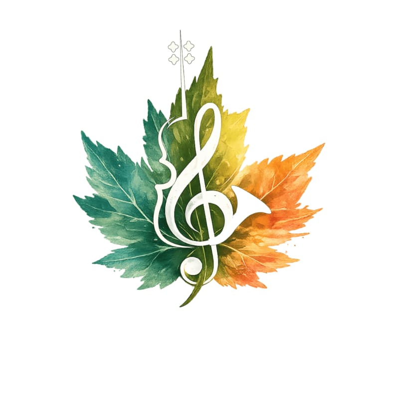 A white treble clef symbol is centered over a multicolored maple leaf against a plain white background.