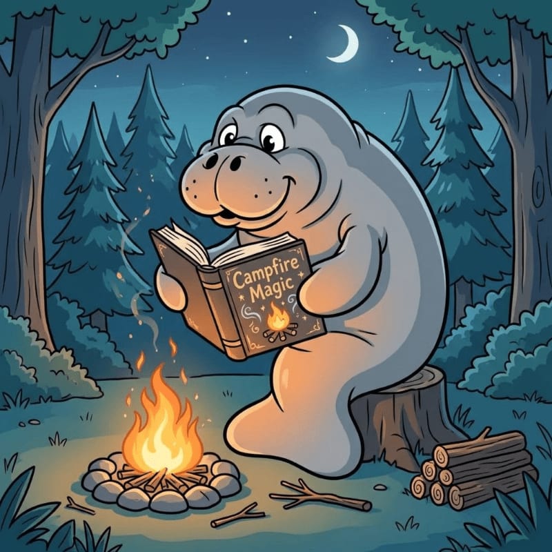 A smiling manatee sits on a tree stump in the foreground, reading a book by the light of a campfire, while a moonlit forest with tall pine trees forms the background.