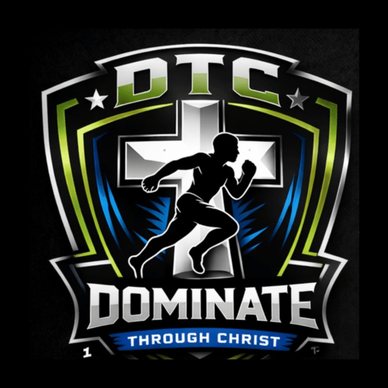 A silhouette of a running man is positioned in front of a large white cross, all enclosed within a shield-shaped logo with the text "DTC DOMINATE THROUGH CHRIST" against a black background.
