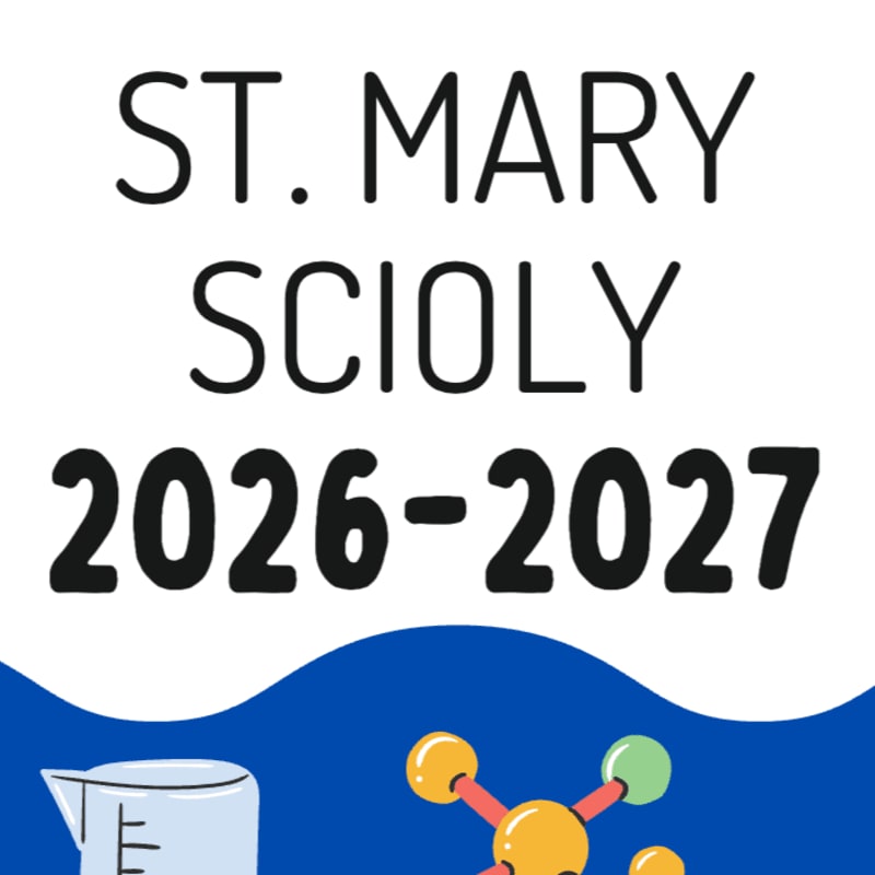 Black text reading "ST. MARY SCIOLY 2026-2027" sits above a blue wavy background featuring a beaker and a molecular model.