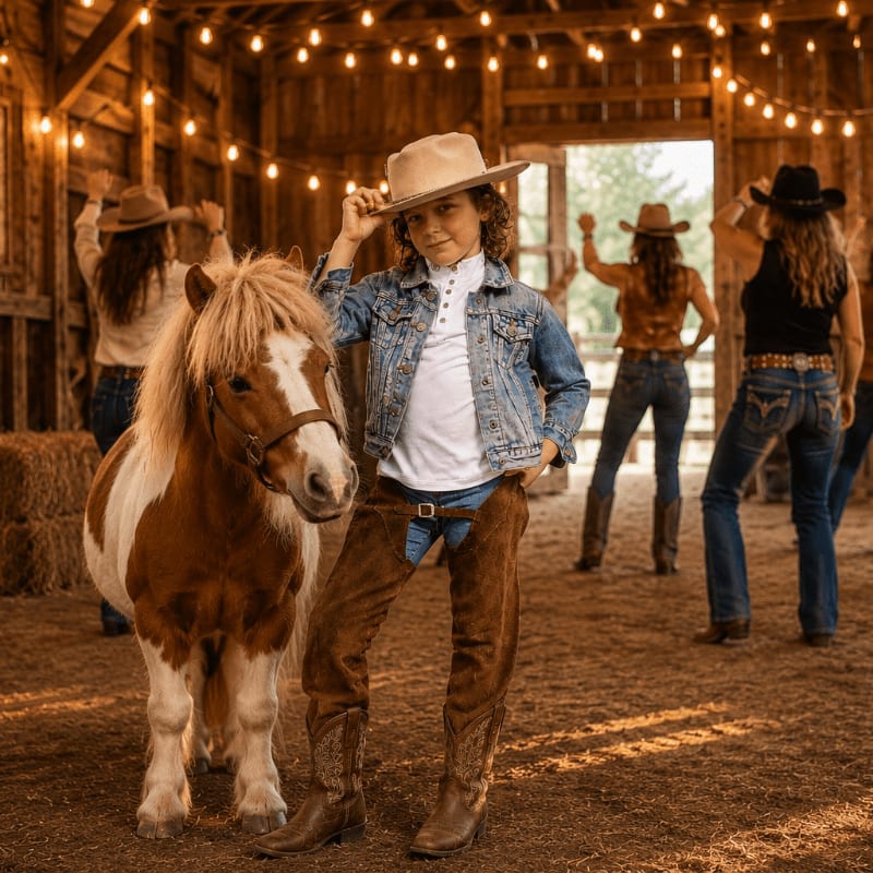 A young boy in a cowboy hat and chaps stands beside a pony in the foreground of a rustic barn filled with people and string lights.