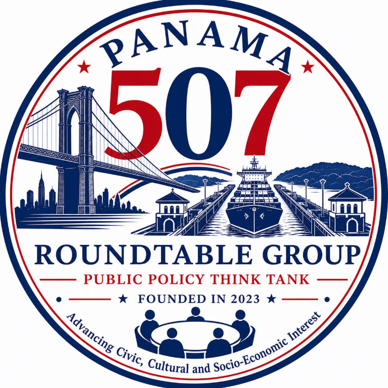 A circular logo features the text "PANAMA 507 ROUNDTABLE GROUP" and "PUBLIC POLICY THINK TANK" surrounding a central illustration of a bridge, a ship in a canal, and a group of people sitting at a table.
