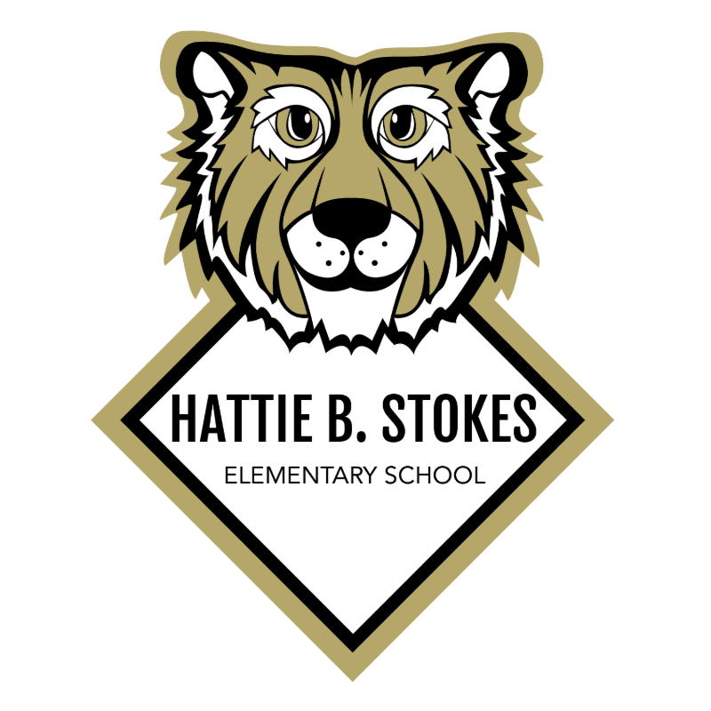 A stylized wildcat head sits atop a diamond-shaped logo for Hattie B. Stokes Elementary School against a plain white background.