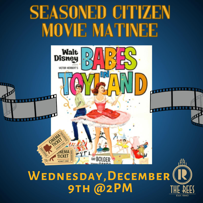 A movie poster for "Babes in Toyland" and two cinema tickets sit in the foreground, framed by a film strip against a dark blue background with gold text.