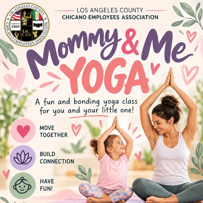 A woman and a young girl practice yoga in the foreground against a blurred living room background, overlaid with promotional text for a "Mommy & Me Yoga" class.
