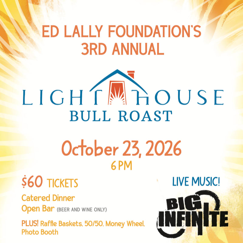 Orange and blue text detailing the Ed Lally Foundation's 3rd Annual Lighthouse Bull Roast event is set against a white background with yellow sunburst rays.