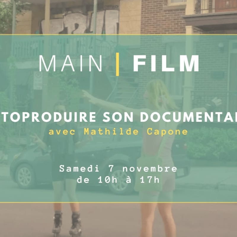 Two people, one on rollerblades, stand in the foreground of a city street with a car and brick buildings in the background, overlaid with promotional text for a documentary workshop.
