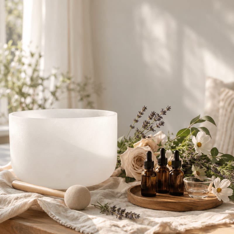 A frosted white singing bowl and a wooden mallet sit beside essential oil bottles and flowers on a linen cloth, set against a soft, sunlit interior background.