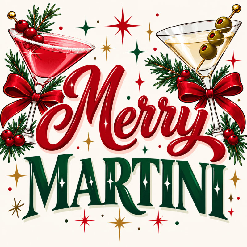 The words "Merry Martini" are centered between a red cocktail and a classic martini, surrounded by festive bows, pine branches, and sparkling stars.