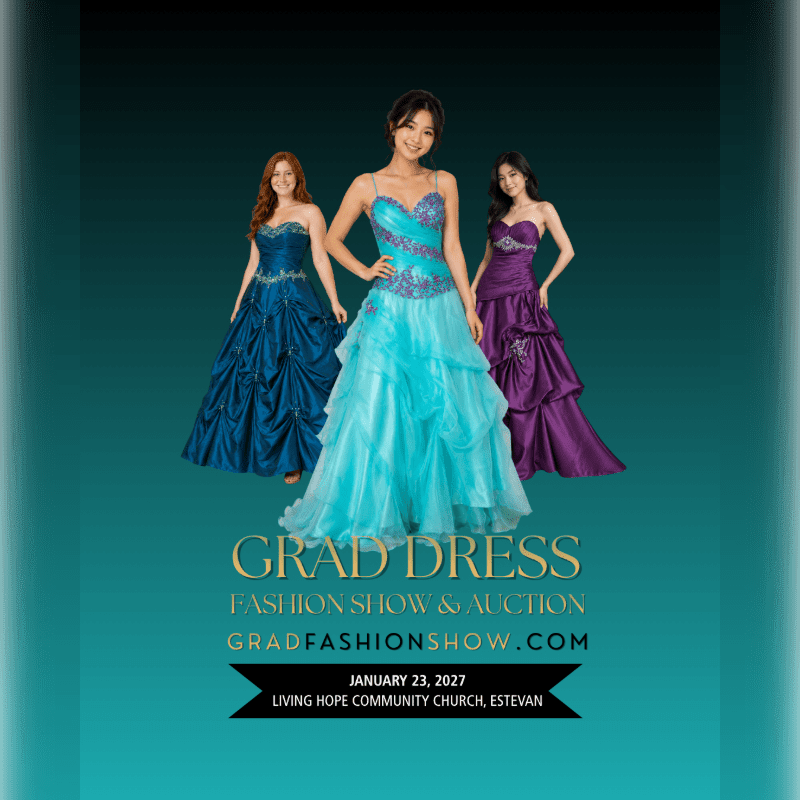 Three women in elegant blue and purple gowns stand in the foreground against a dark teal gradient background with event text below them.
