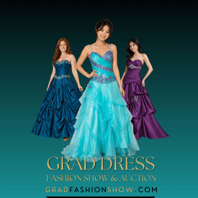 Three women wearing elegant blue, turquoise, and purple gowns stand against a dark teal gradient background with gold and white text at the bottom.