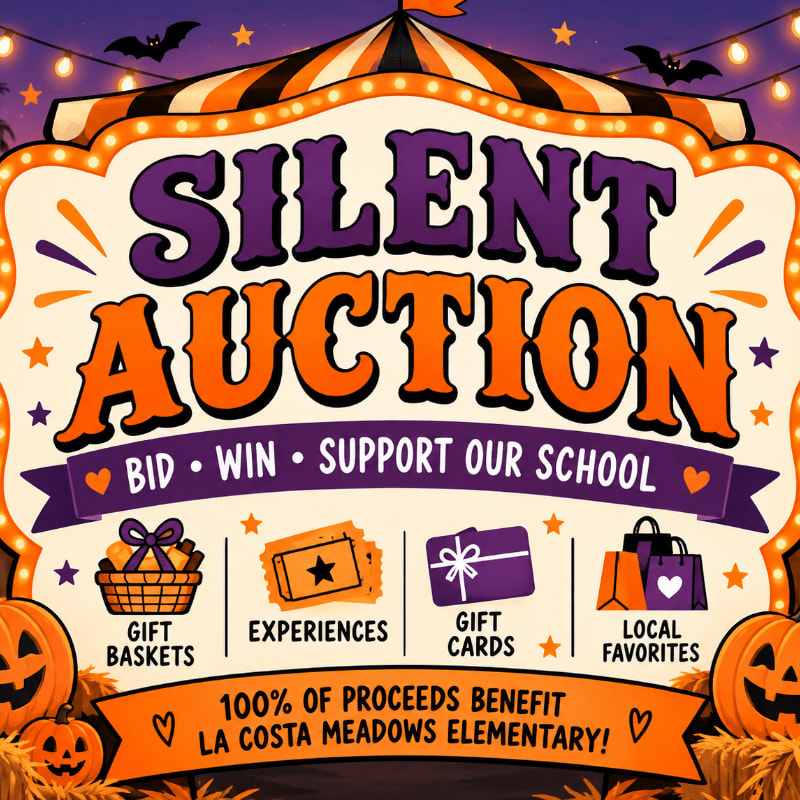A colorful "Silent Auction" carnival sign featuring gift categories and pumpkins in the foreground against a purple night sky with bats and string lights in the background.