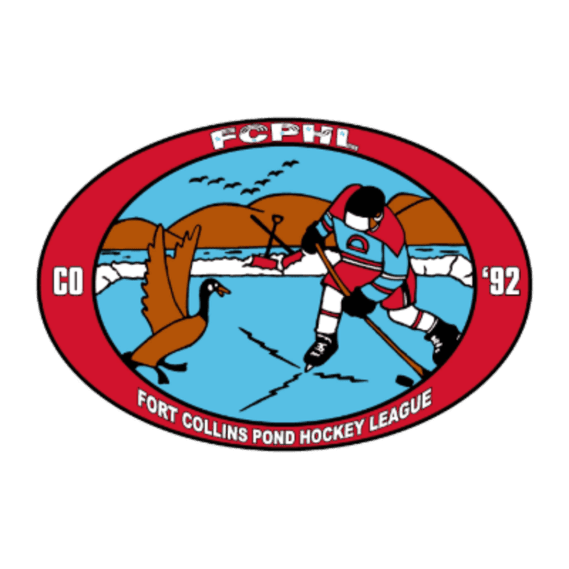 An oval logo features a hockey player and a goose in the foreground against a background of mountains and a blue sky.