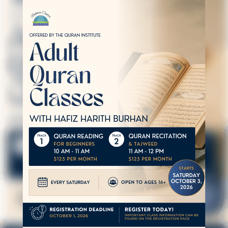An advertisement for adult Quran classes features bold blue text and course details in the foreground against a blurred background of an open Quran.