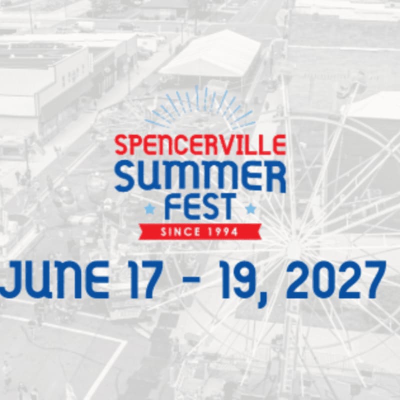 Colorful text for the "Spencerville Summer Fest" and the dates "June 17 - 19, 2027" are layered over a faded, grayscale aerial view of a town square with a Ferris wheel.