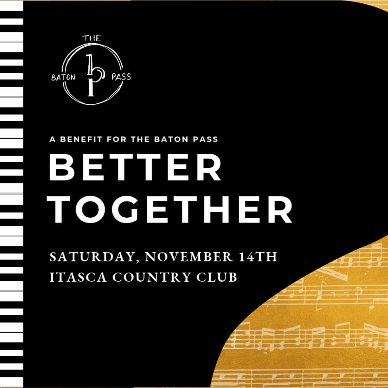 White text and a logo promoting a benefit event for The Baton Pass are set against a black background with a gold musical score accent in the bottom right.