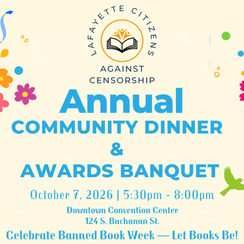 Blue and black text announcing an annual community dinner and awards banquet is centered against a light cream background decorated with colorful confetti and floral accents.