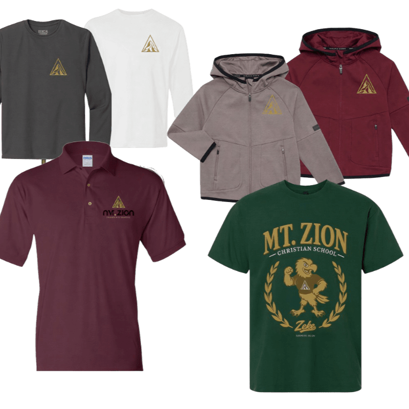 Various branded shirts and hoodies in grey, white, maroon, and green are arranged against a plain white background.