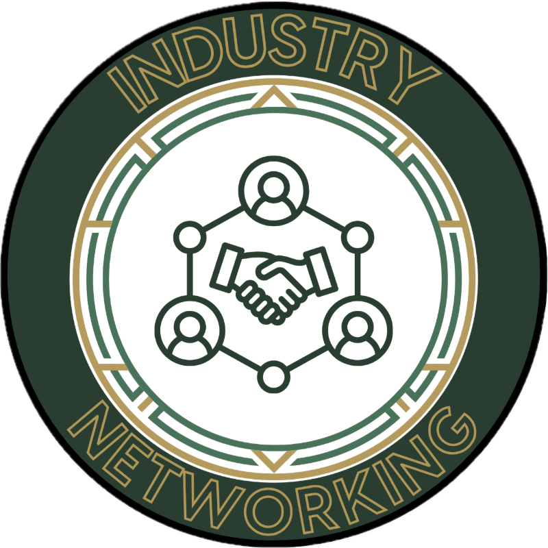 A handshake icon surrounded by three person silhouettes sits in a white center circle, enclosed by a dark green outer ring featuring the words "INDUSTRY NETWORKING."
