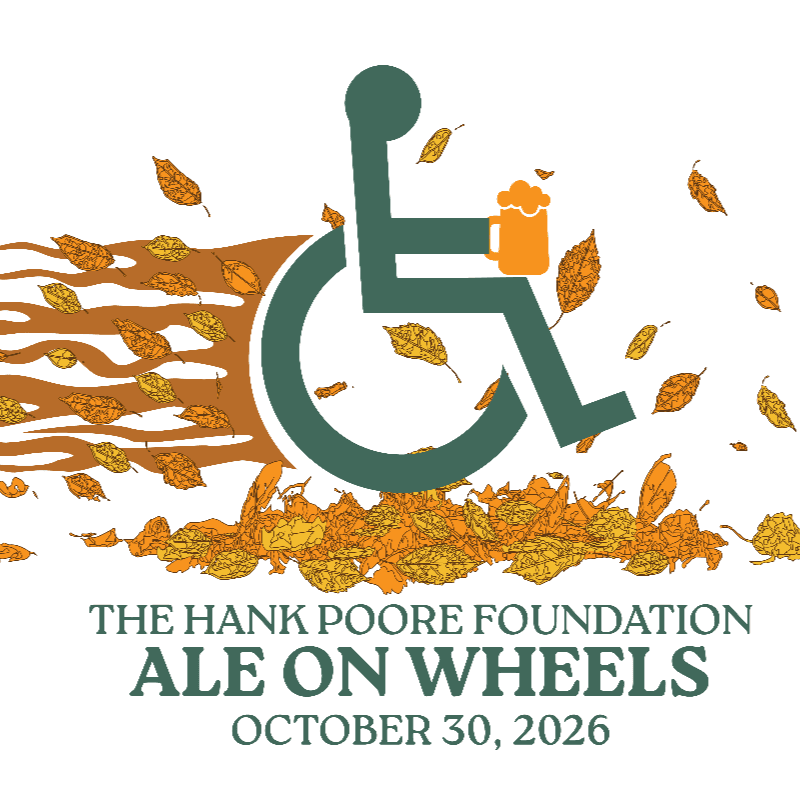 A green wheelchair symbol holding a beer mug sits atop a pile of autumn leaves against a white background with event text below.