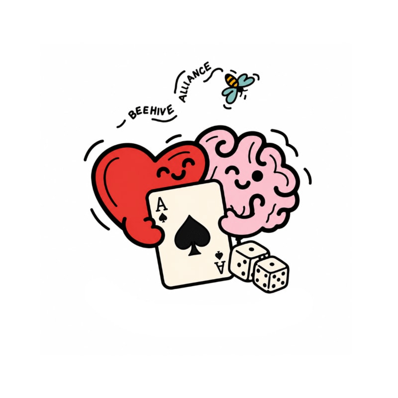 A red heart and a pink brain smile next to an ace of spades and dice, with a small bee and the words "BEEHIVE ALLIANCE" floating above them against a plain white background.