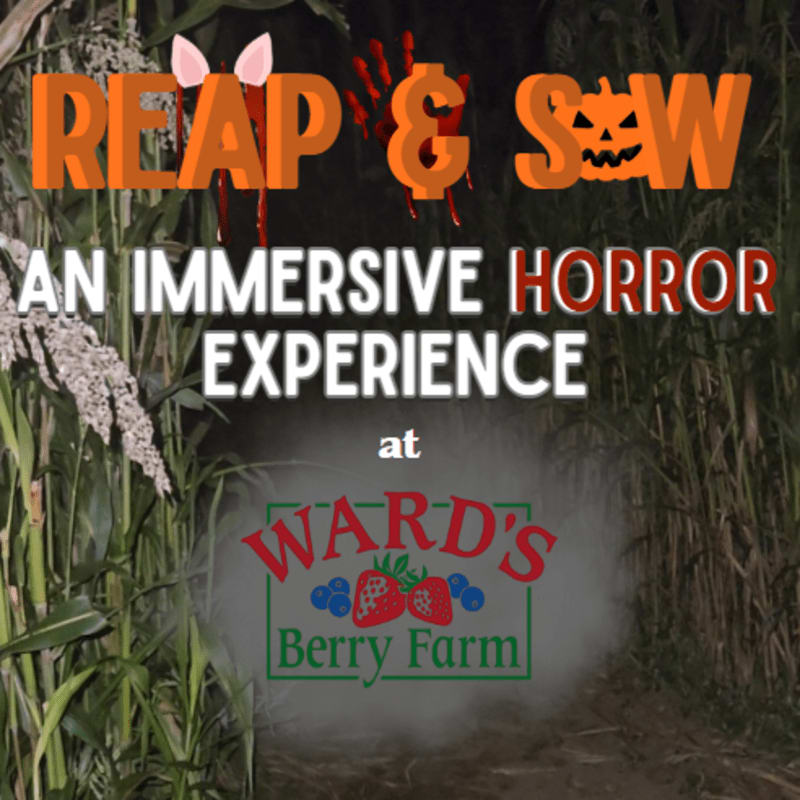 Orange and white horror-themed text and a farm logo are layered over a dark, cornfield background.
