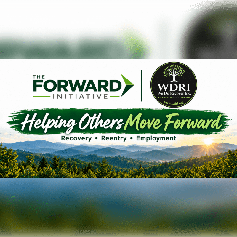 Logos for The Forward Initiative and WDRI sit above a green banner reading "Helping Others Move Forward" set against a background of rolling forested mountains at sunrise.