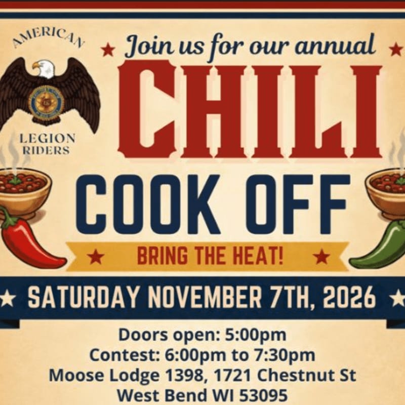 A promotional flyer for a Chili Cook Off features bold red and blue text and bowls of chili in the foreground against a cream-colored background.
