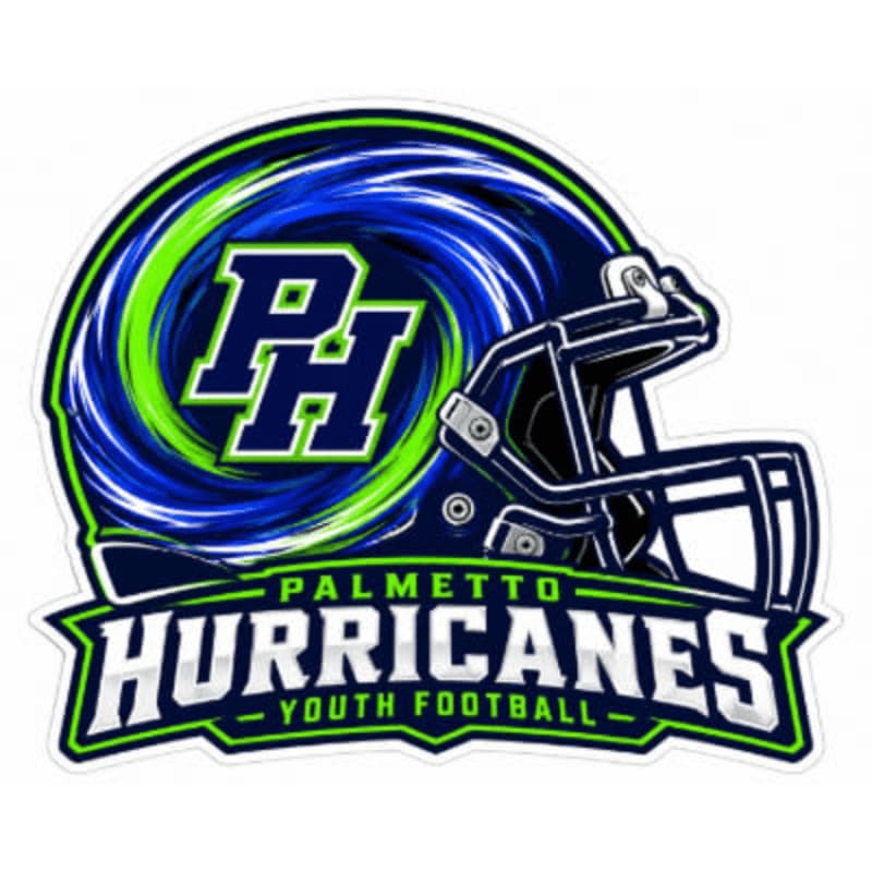 A blue and green football helmet with "PH" on the front is set against a swirling vortex background, with "PALMETTO HURRICANES YOUTH FOOTBALL" written below.