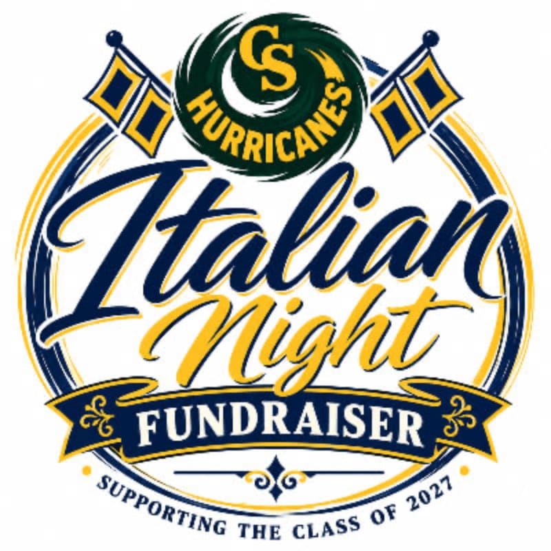 A stylized logo for an "Italian Night Fundraiser" supporting the Class of 2027 features bold blue and gold script in the foreground, set against a white background with a Hurricanes sports emblem and decorative flags at the top.
