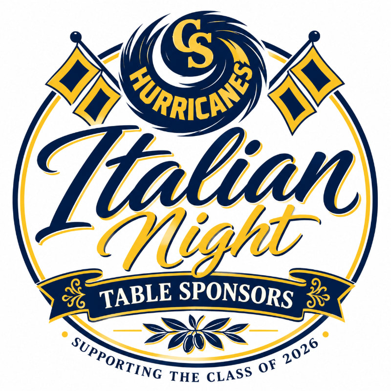 A circular logo for "Italian Night" featuring a hurricane emblem and flags in the foreground against a plain white background.