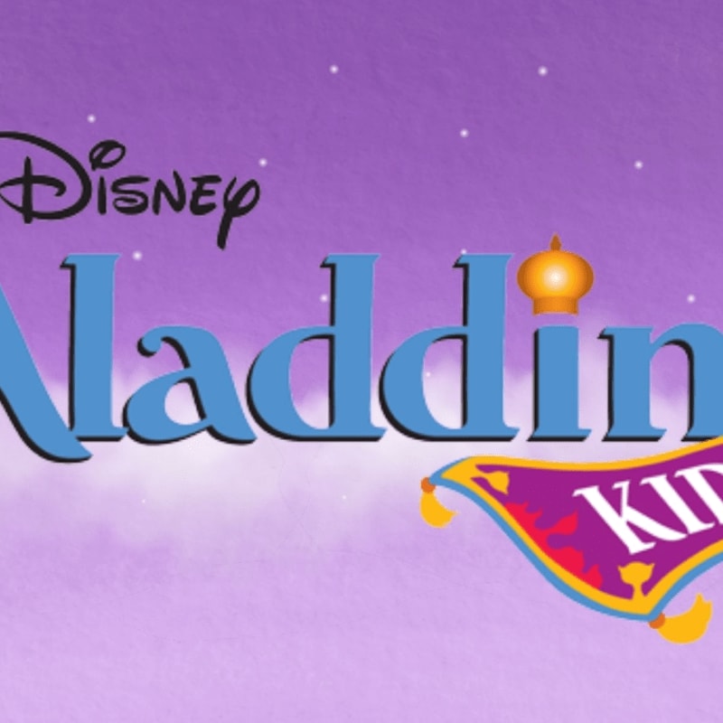 The Disney Aladdin logo and a magic lamp sit in the foreground against a purple, starry background.