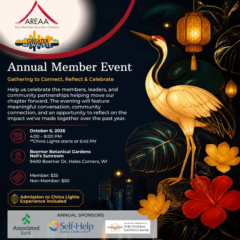 An event flyer for the AREAA Annual Member Event features a golden crane and lanterns in the foreground against a dark background with a city skyline and botanical elements.