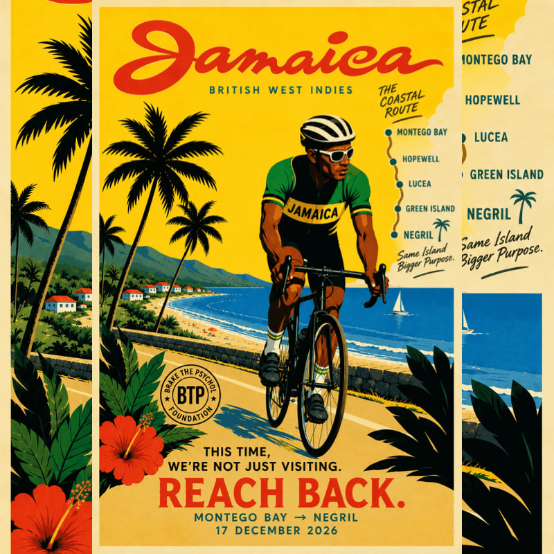 A cyclist rides a road bike along a coastal path in the foreground, set against a vibrant yellow background featuring palm trees, a blue ocean, and travel text for Jamaica.