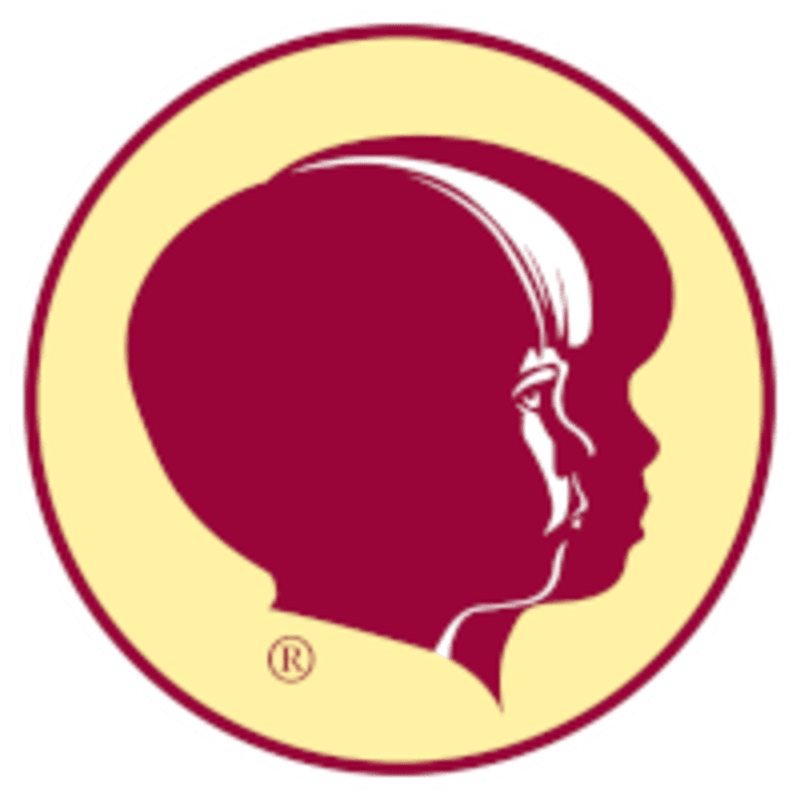 A maroon silhouette of a child's profile is centered within a pale yellow circle outlined by a maroon border.