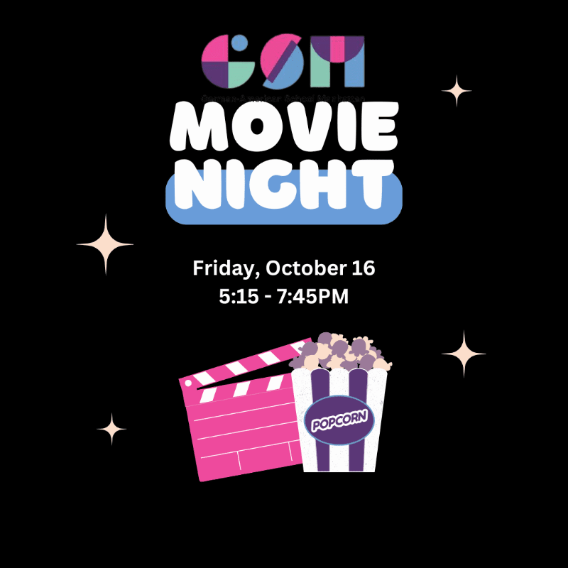 A movie night announcement featuring a clapperboard and popcorn in the foreground against a black background with stars and event details.