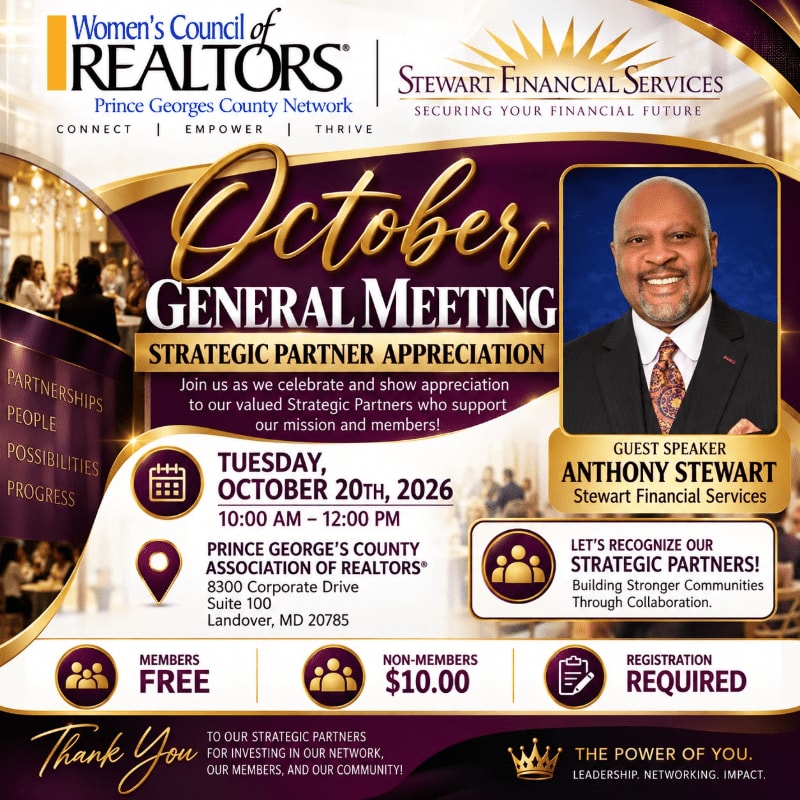 An event flyer for an October General Meeting features a portrait of guest speaker Anthony Stewart in the foreground against a purple and gold themed background with event details.