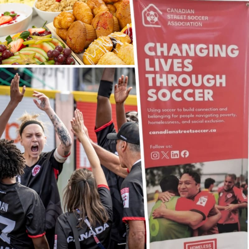 A collage features a variety of pastries and fruit in the top section, soccer players celebrating in the center, and a red promotional banner for the Canadian Street Soccer Association on the right.