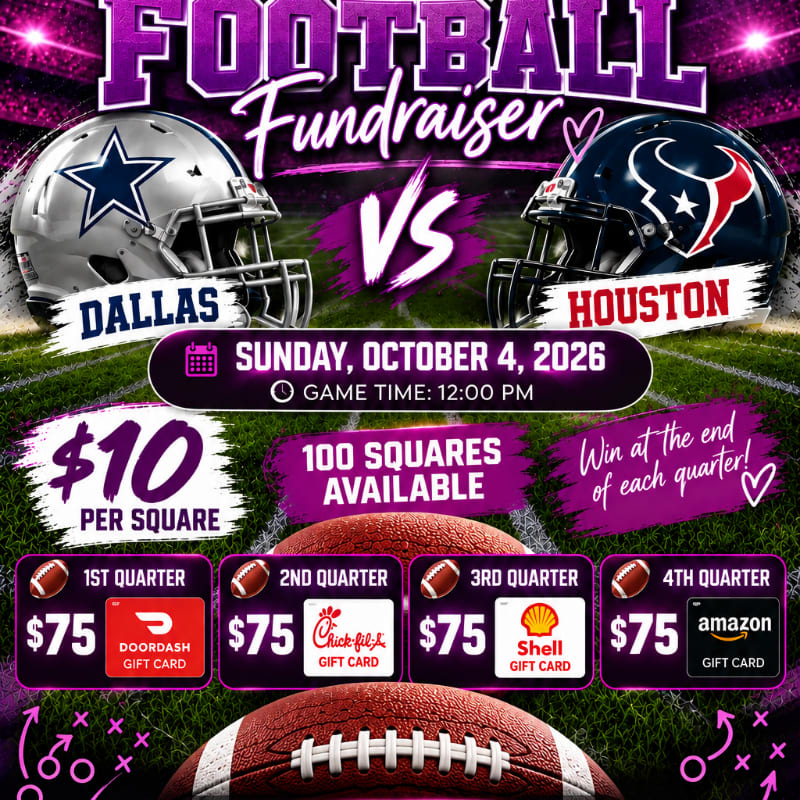 Two football helmets for Dallas and Houston face each other over a grassy field background with fundraiser details and prizes.