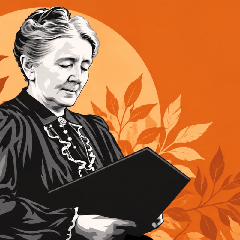 A woman in a dark dress reads a book against a bright orange background featuring stylized leaves.