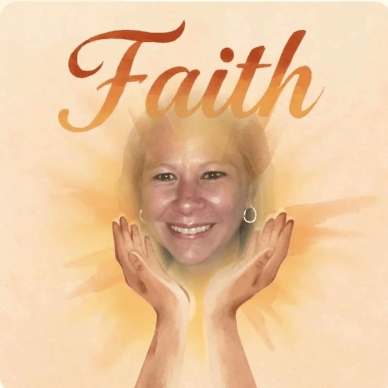 A smiling woman's face and cupped hands are centered in the foreground, set against a glowing yellow background with the word "Faith" written in cursive above her.