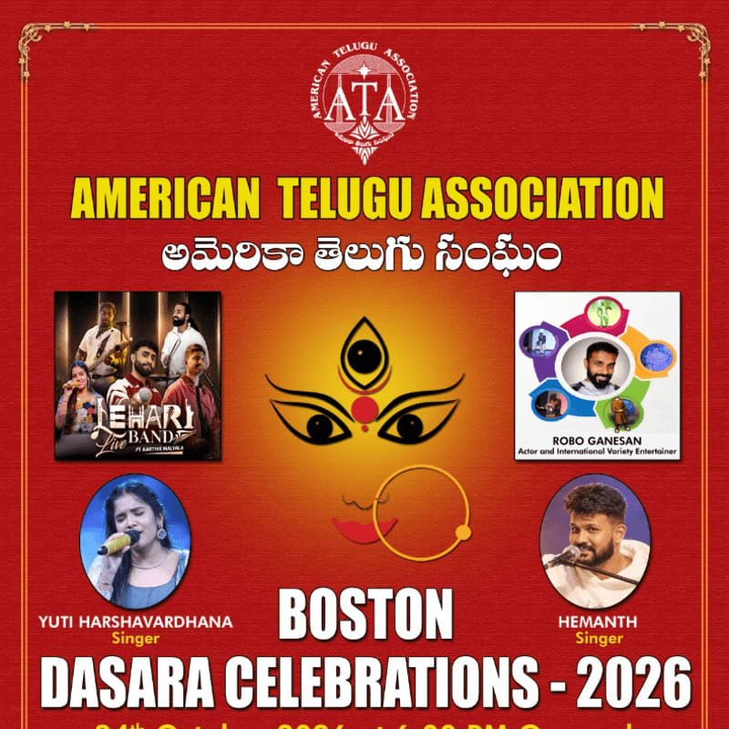 A promotional poster for the American Telugu Association's 2026 Dasara Celebrations in Boston features event details and performer photos against a red and orange gradient background.