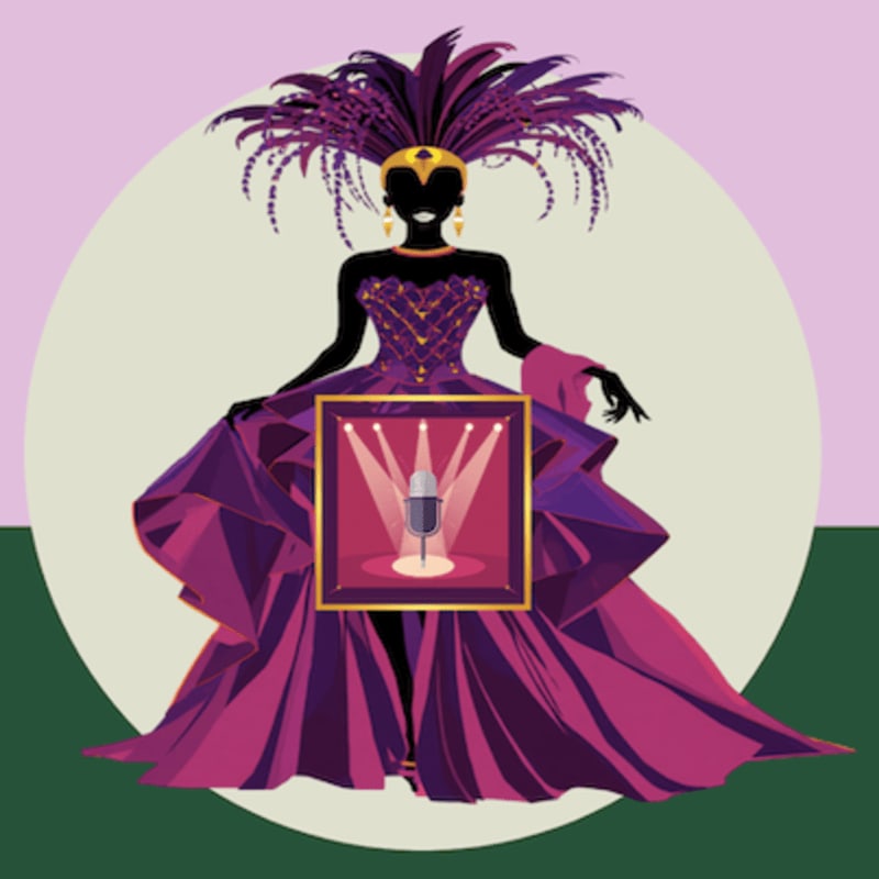 A silhouette of a woman in a lavish purple gown and feathered headpiece stands before a circular backdrop, with a framed image of a spotlighted microphone centered on her dress.