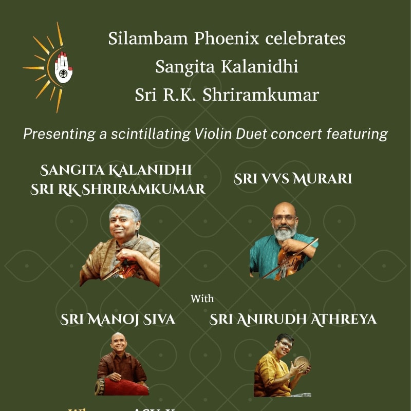 White text and portraits of four musicians are arranged on a dark green background featuring subtle geometric patterns.